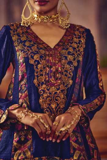 Shop_Reeti Arneja_Blue Silk, Cotton Satin Zari, Tassels V-neck, Yes Neela Khaab Peplum Set _Online_at_Aza_Fashions