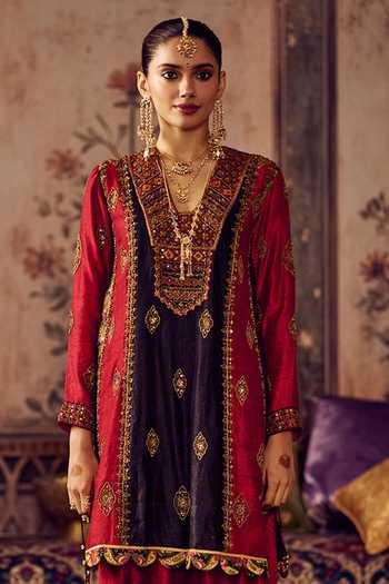 Reeti Arneja_Black Silk, Brocade Embroidery, Zari Laal Kaali Virasat Kurta And Salwar Set _Online_at_Aza_Fashions
