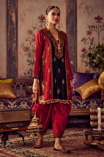 Buy_Reeti Arneja_Black Silk, Brocade Embroidery, Zari Laal Kaali Virasat Kurta And Salwar Set _at_Aza_Fashions