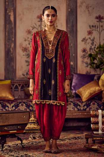 Shop_Reeti Arneja_Black Silk, Brocade Embroidery, Zari Laal Kaali Virasat Kurta And Salwar Set _at_Aza_Fashions