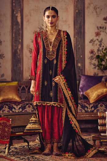 Reeti Arneja_Black Silk, Brocade Embroidery, Zari Laal Kaali Virasat Kurta And Salwar Set _at_Aza_Fashions