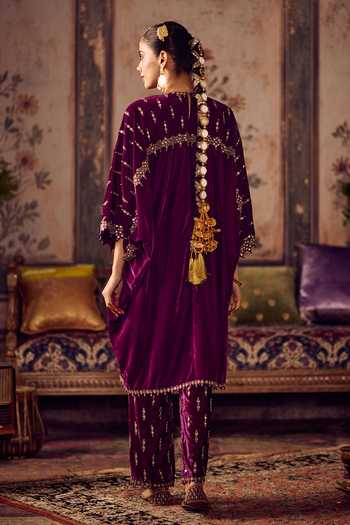 Shop_Reeti Arneja_Purple Velvet Embroidery, Sequins, Zari Round Jamuni Sunhera Kurta And Salwar Set _Online_at_Aza_Fashions