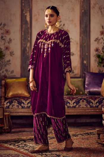 Reeti Arneja_Purple Velvet Embroidery, Sequins, Zari Round Jamuni Sunhera Kurta And Salwar Set _at_Aza_Fashions