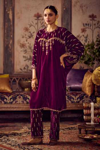 Buy_Reeti Arneja_Purple Velvet Embroidery, Sequins, Zari Round Jamuni Sunhera Kurta And Salwar Set _at_Aza_Fashions