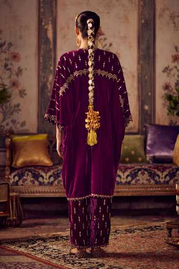 Shop_Reeti Arneja_Purple Velvet Embroidery, Sequins, Zari Round Jamuni Sunhera Kurta And Salwar Set _at_Aza_Fashions