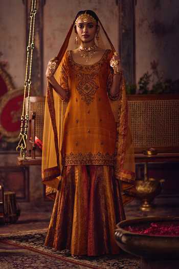 Shop_Reeti Arneja_Orange Organza Zari Kesari Tri-border Dupatta _at_Aza_Fashions