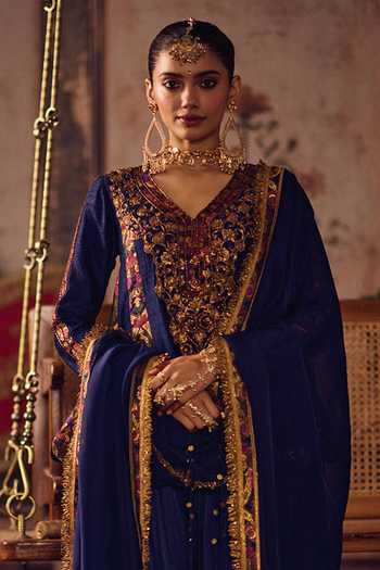 Shop_Reeti Arneja_Blue Organza Zari, Tassels Neeli Raj Dupatta _at_Aza_Fashions