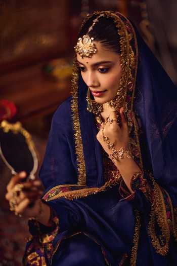 Buy_Reeti Arneja_Blue Organza Zari, Tassels Neeli Raj Dupatta _Online_at_Aza_Fashions