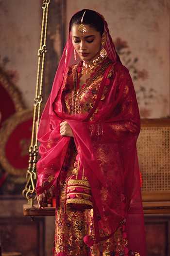 Shop_Reeti Arneja_Pink Organza Zari, Pom-poms Gulabi Dupatta _at_Aza_Fashions