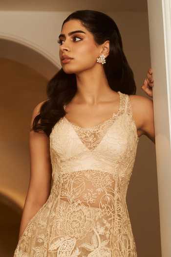 Varun Bahl_Beige Net Embroidery, Pearls, Tassels Embellished Peplum Kurta With Trouser _Online_at_Aza_Fashions