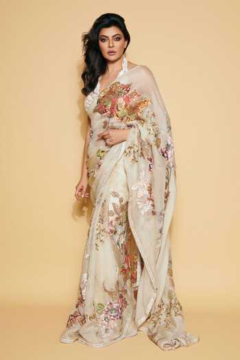 Varun Bahl_Ivory Organza Embroidery, Zari Halter Neck Floral Saree With Blouse _Online_at_Aza_Fashions