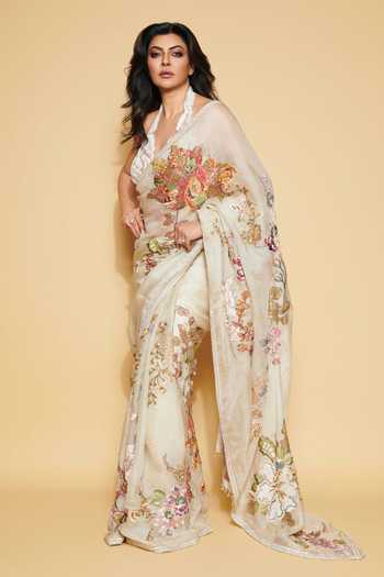 Buy_Varun Bahl_Ivory Organza Embroidery, Zari Halter Neck Floral Saree With Blouse _Online_at_Aza_Fashions