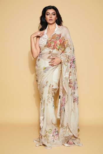 Buy_Varun Bahl_Ivory Organza Embroidery, Zari Halter Neck Floral Saree With Blouse _at_Aza_Fashions