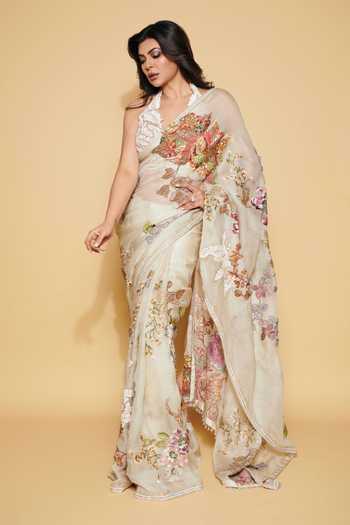 Shop_Varun Bahl_Ivory Organza Embroidery, Zari Halter Neck Floral Saree With Blouse _at_Aza_Fashions