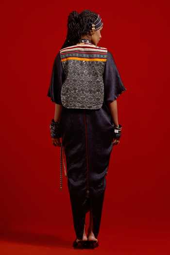 Shop_Aseem Kapoor_Black Tussar, Cotton, Silk Embroidery, Beads, Tassels Zuri Gilet With Dress _at_Aza_Fashions