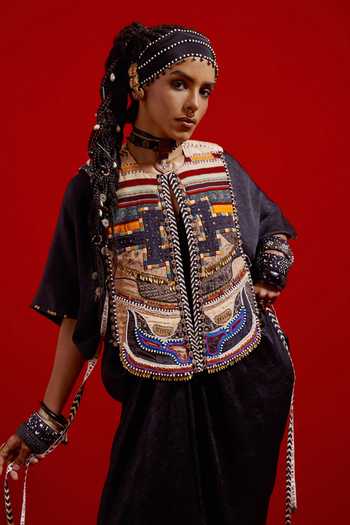 Aseem Kapoor_Black Tussar, Cotton, Silk Embroidery, Beads, Tassels Zuri Gilet With Dress _Online_at_Aza_Fashions