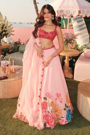 Buy_Krishna Padia_Pink Silk, Organza Embroidery, Sequins Square Neck Floral Hand Lehenga Set 
