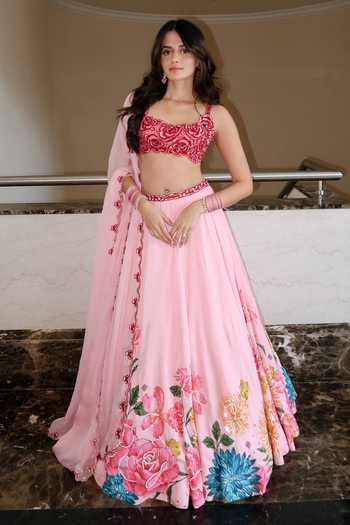 Shop_Krishna Padia_Pink Silk, Organza Embroidery, Sequins Square Neck Floral Hand Lehenga Set 