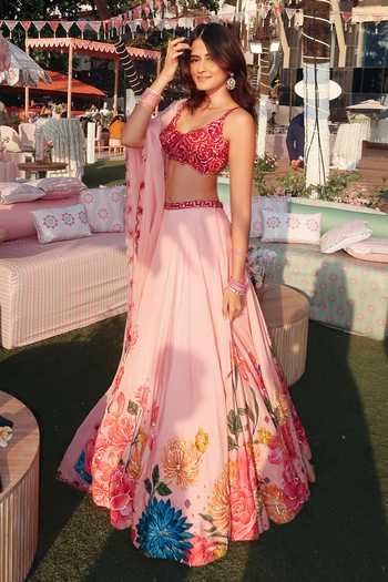 Krishna Padia_Pink Silk, Organza Embroidery, Sequins Square Neck Floral Hand Lehenga Set _Online
