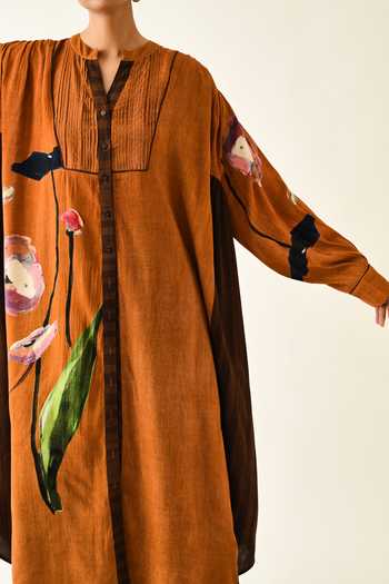 OFRIDA_Rust Cotton Mandarin Collar Rusticmoon Thirstle Midi Dress _Online_at_Aza_Fashions