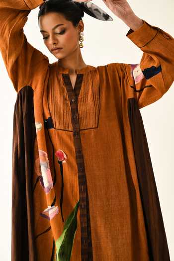 Buy_OFRIDA_Rust Cotton Mandarin Collar Rusticmoon Thirstle Midi Dress _Online_at_Aza_Fashions