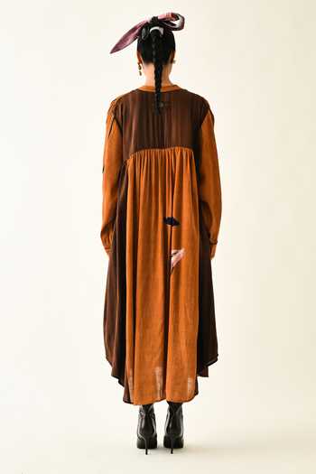 Shop_OFRIDA_Rust Cotton Mandarin Collar Rusticmoon Thirstle Midi Dress _at_Aza_Fashions
