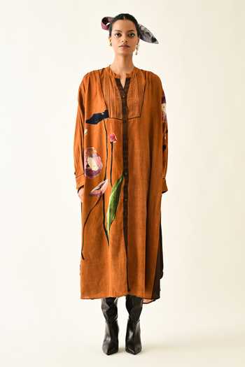Shop_OFRIDA_Rust Cotton Mandarin Collar Rusticmoon Thirstle Midi Dress _Online_at_Aza_Fashions