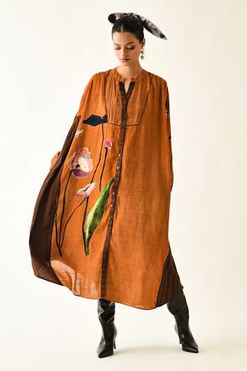 OFRIDA_Rust Cotton Mandarin Collar Rusticmoon Thirstle Midi Dress _at_Aza_Fashions