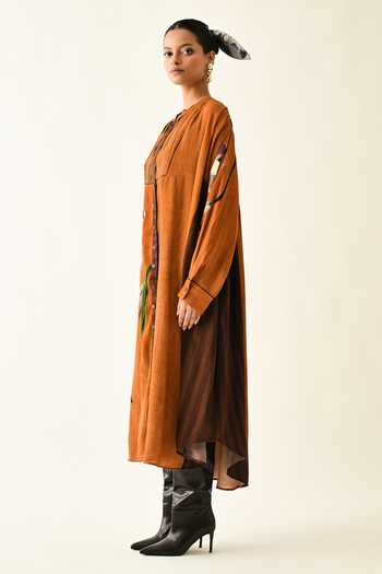 Buy_OFRIDA_Rust Cotton Mandarin Collar Rusticmoon Thirstle Midi Dress 