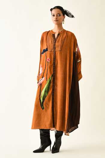 Shop_OFRIDA_Rust Cotton Mandarin Collar Rusticmoon Thirstle Midi Dress 
