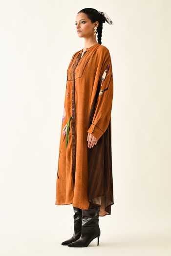 OFRIDA_Rust Cotton Mandarin Collar Rusticmoon Thirstle Midi Dress _Online