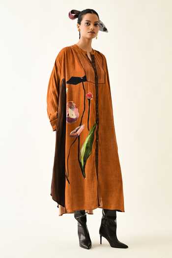 Shop_OFRIDA_Rust Cotton Mandarin Collar Rusticmoon Thirstle Midi Dress _Online