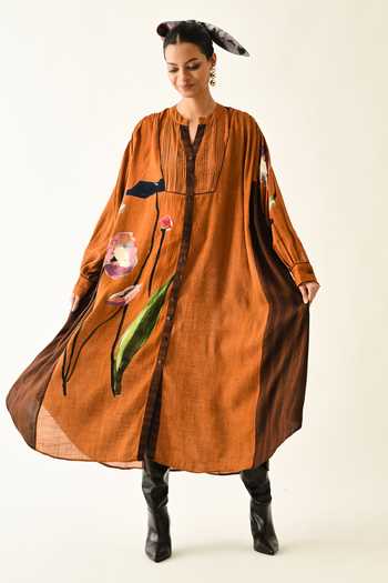 OFRIDA_Rust Cotton Mandarin Collar Rusticmoon Thirstle Midi Dress 