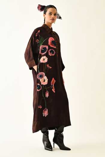 OFRIDA_Pink Cotton Collared Earth Bloom Printed Midi Dress _at_Aza_Fashions