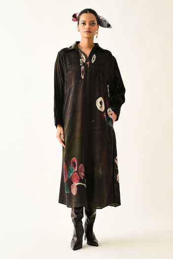 Buy_OFRIDA_Brown Collared Earth Boota A-line Dotted Dobby Dress _at_Aza_Fashions