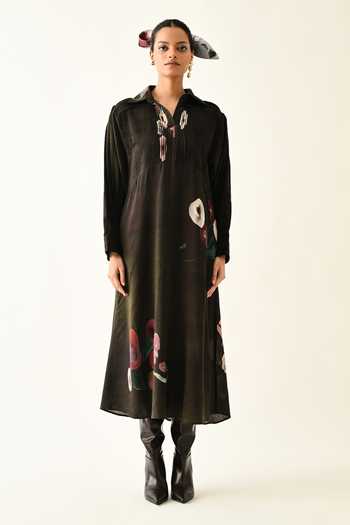 Shop_OFRIDA_Brown Collared Earth Boota A-line Dotted Dobby Dress _Online_at_Aza_Fashions