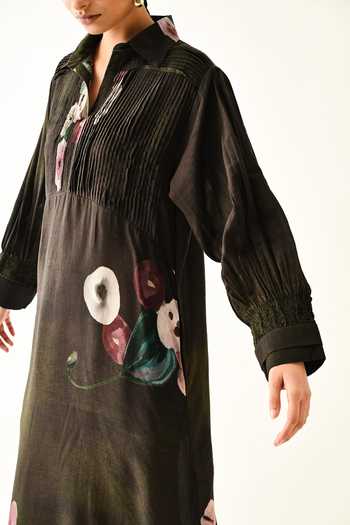 OFRIDA_Brown Collared Earth Boota A-line Dotted Dobby Dress _at_Aza_Fashions
