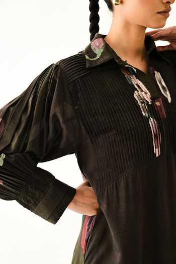 Buy_OFRIDA_Brown Collared Earth Boota A-line Dotted Dobby Dress 