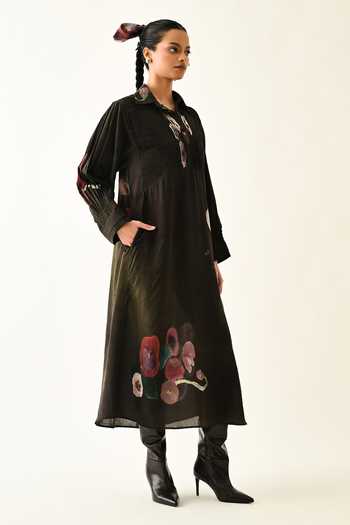 Shop_OFRIDA_Brown Collared Earth Boota A-line Dotted Dobby Dress _at_Aza_Fashions
