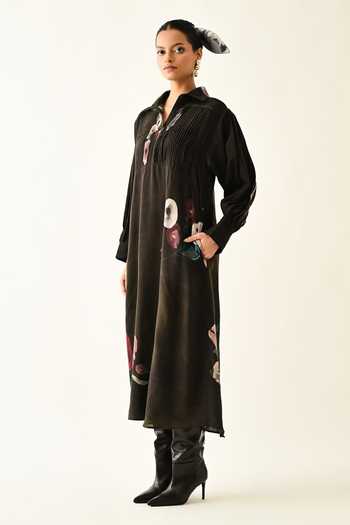Shop_OFRIDA_Brown Collared Earth Boota A-line Dotted Dobby Dress 