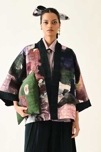 Buy_OFRIDA_Multi Color Cotton Shawl Neck Twilight Quilted Jacket _at_Aza_Fashions