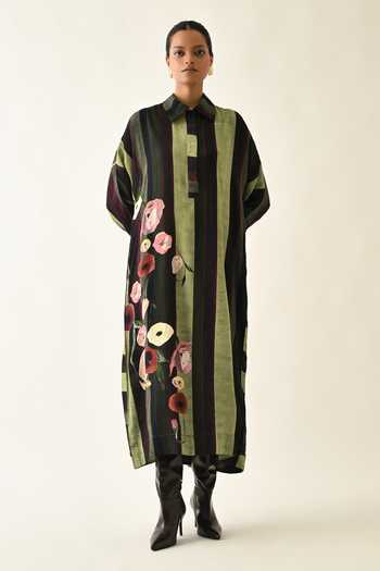 Buy_OFRIDA_Pink Cotton Collared Moss Striped Dress _at_Aza_Fashions