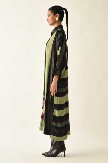 OFRIDA_Pink Cotton Collared Moss Striped Dress _Online_at_Aza_Fashions