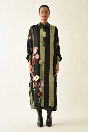 Buy_OFRIDA_Pink Cotton Collared Moss Striped Dress _Online_at_Aza_Fashions