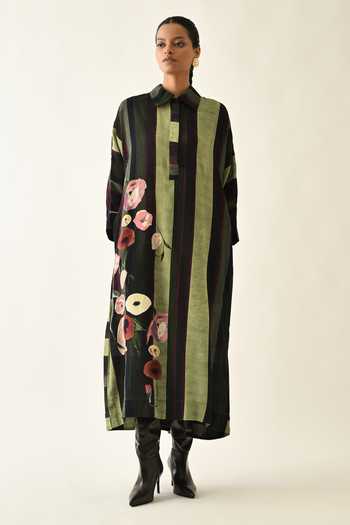 Shop_OFRIDA_Pink Cotton Collared Moss Striped Dress _Online_at_Aza_Fashions