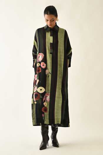 OFRIDA_Pink Cotton Collared Moss Striped Dress _at_Aza_Fashions