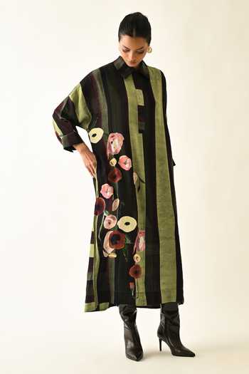 OFRIDA_Pink Cotton Collared Moss Striped Dress _Online