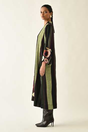 OFRIDA_Green Cotton V-neck Moss Stripes A-line Dress _Online_at_Aza_Fashions