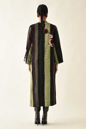 Shop_OFRIDA_Green Cotton V-neck Moss Stripes A-line Dress _at_Aza_Fashions
