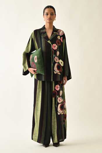 OFRIDA_Pink Cotton Collared Moss Stripes Jacket _Online_at_Aza_Fashions